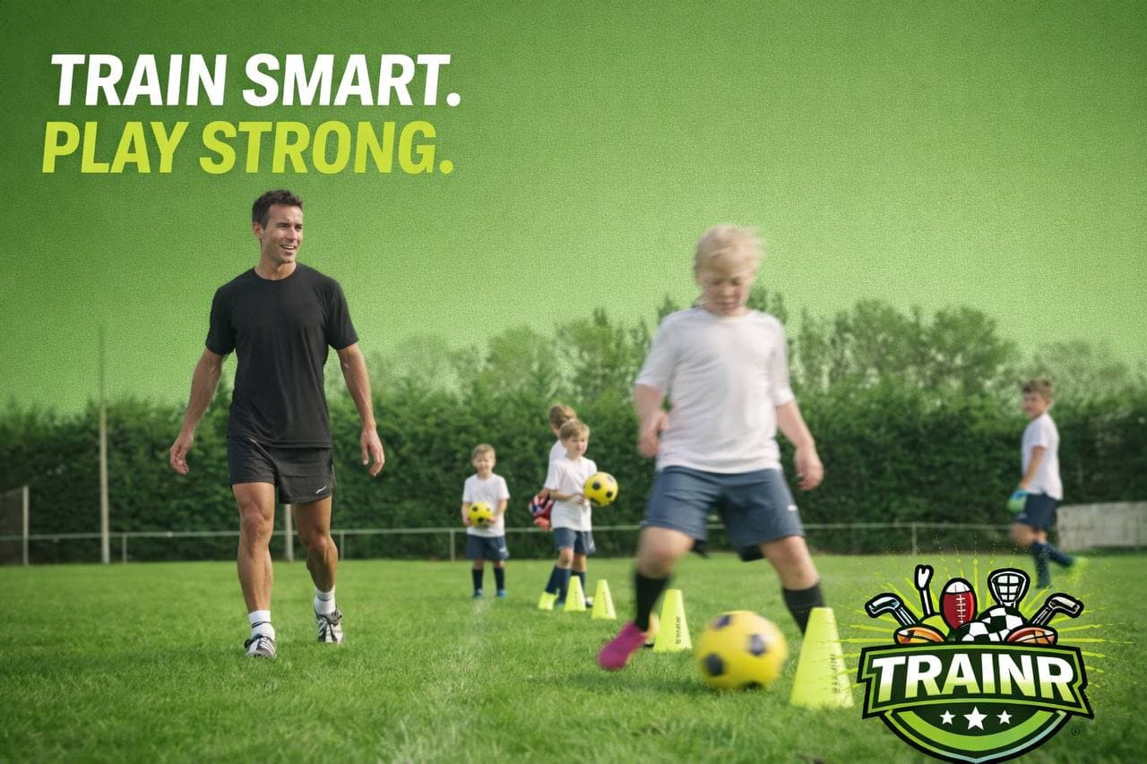 Trainr branded youth soccer training drill on grass