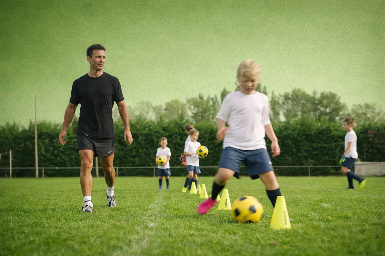 Youth soccer athletes working through a coached dribbling drill