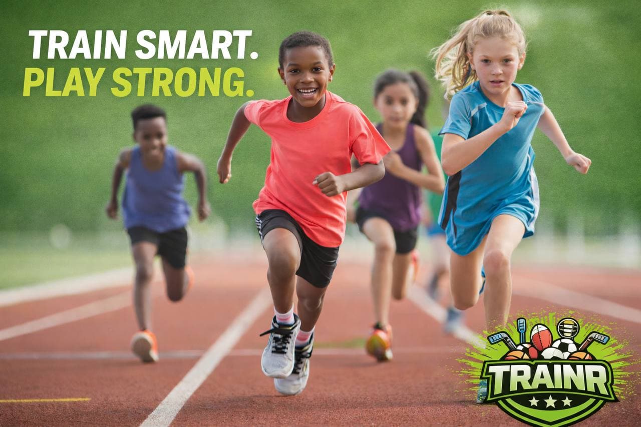 Trainr branded youth sprint training visual on a running track